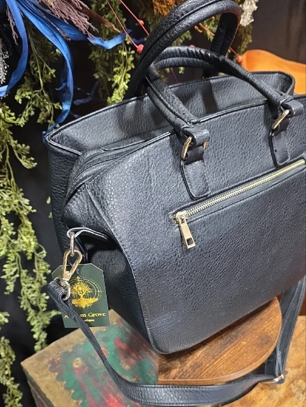 Black Geometric Panel Shoulder Bag with Pom Accent